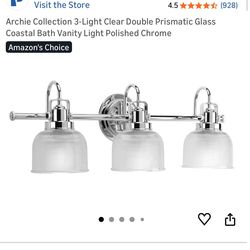 Archie Collection 3-Light Clear Double Prismatic Glass Coastal Bath Vanity Light Polished Chrome