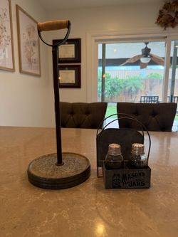 Rustic paper towel holder, napkin and salt shaker set