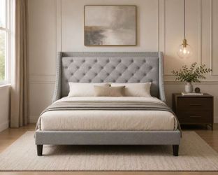 NEW Queen Upholstered Bed Frame with Tufted Wingback Headboard – Gray