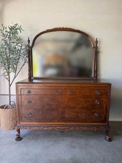 Antique Burl Wood Dresser with Mirror
