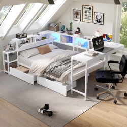 Varda Twin Size Corner Daybed with Drawers, LED Bookcases and USB Charging Station