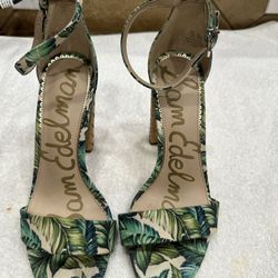 Sam Edelman Yaro Block Raffia / Basketweave Heel Green Palm Print Sandals SZ 7.5