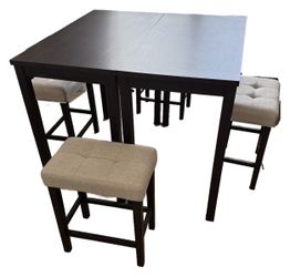 Counter Height Pub Table Set – 2 Tables + 4 Tufted Stools (Espresso)