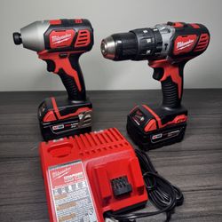Milwaukee M18 Hammer drill 1/2” & Impact Driver 1/4” Kit with Two 3.0Ah Batteries, 1-Charger