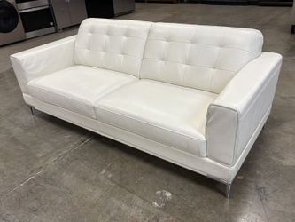 JASON FURNITURE Modern Square Arm White Leather Sofa with Tufted Back Cushions and Chrome Legs