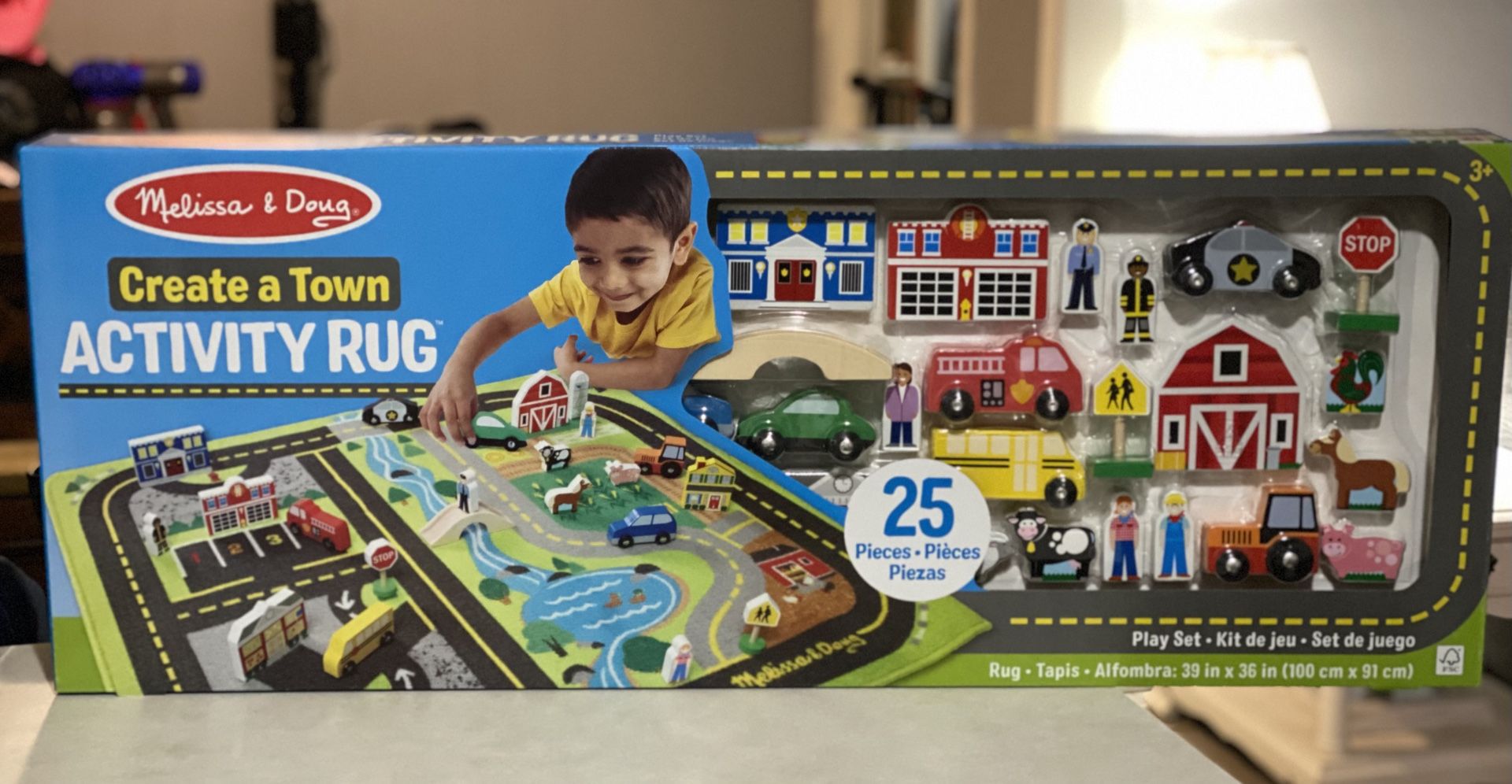 Brand New Melissa & Doug Create a Town Activity Rug Play Set, with 25 Wooden Play Pieces