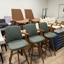 Set of 3 Bar Height Bar Stools - 29.12 inch Swivel Bar Stools with Curved Back and Arms, Walnut Craftsmanship, Upholstered Seat, Mid Century BarStools