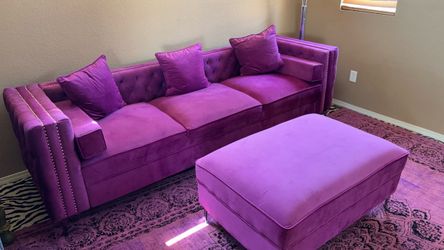 Purple Velvet Sofa + Matching Ottoman
