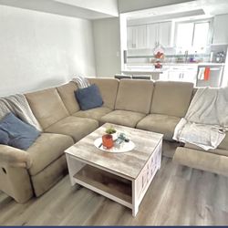 Beige Ashley 3 Piece Sectional Couch W Recliner 