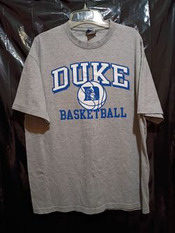 Grey heather athletic t shirt - features a vintage blue DUKE arch the Blue Devils logo. Size Large.