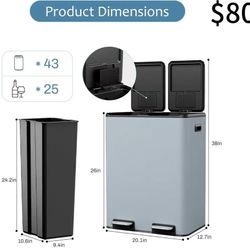 😀 16 Gal (2 x 30 L) Dual Trash Can, Stainless Steel Kitchen Garbage Bin, Recycle Dustbin with Odor Control Box, Soft-Close Lid, Inner Buckets