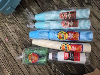 plastic and paper cups.  absolutely new.  all packages are sealed.  only 277 pieces