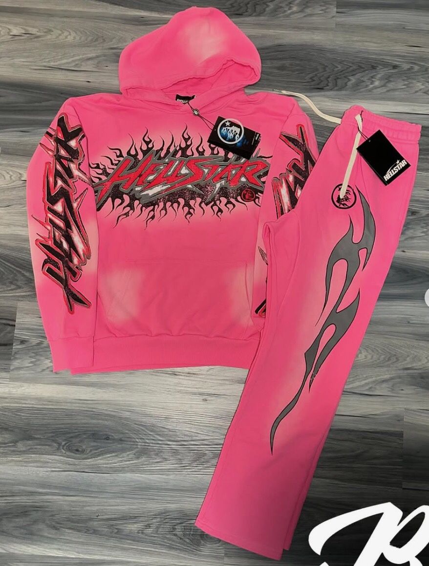 Hellstar Chrome Hoodie Hearts Pink Flames Sleeves Denim Jean Tears Hooded Jacket Full Sweat Suit Hoodie Sweat Small S Medium Sweater Set Large L XL