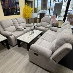 Brand New Gray Reclining Sofa Set – 3 Piece (Sofa, Loveseat, Chair)