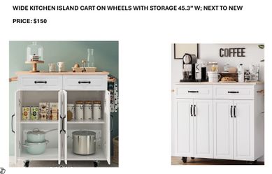 WIDE KITCHEN ISLAND CART ON WHEELS WITH STORAGE 45.3”W. NEXT TO NEW. PRICE $175 OBO
