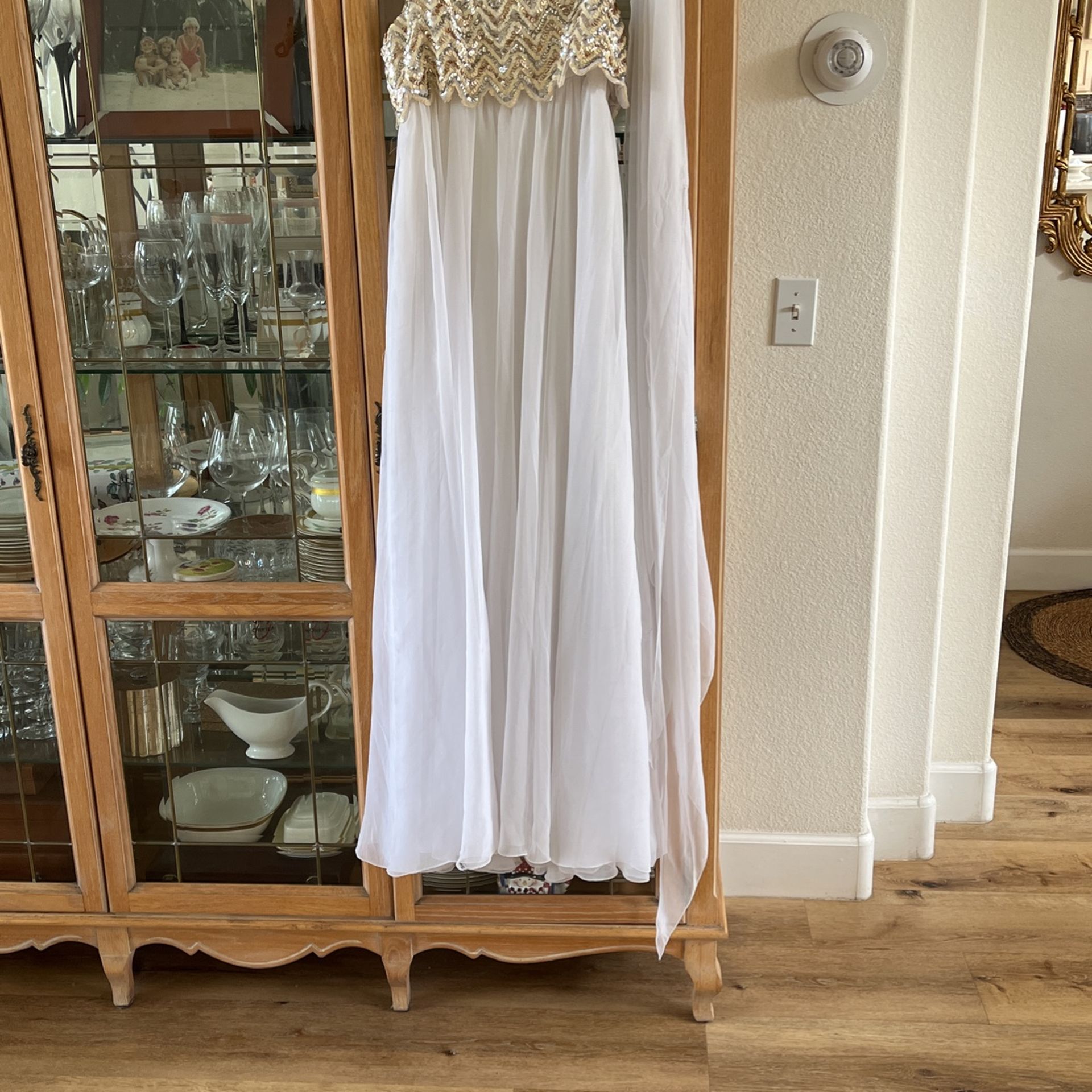 Long White Dress With Sequined Gold/Silver Top With Shawl