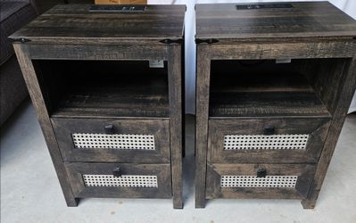 Pair of Farmhouse Nightstands with Charging Station and 3 Color LED