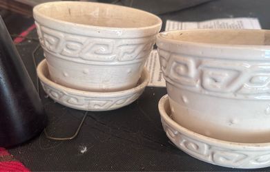Vintage McCoy Greek Key Hobnail Planter with Attached Saucer 4” x 6” 1940s