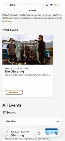 Two tickets for the offspring tonight at Yaamava Casino
