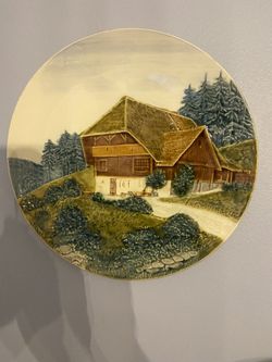 Rare Vintage Relief Majolica Plate CICO Germany 13 3/8" Chalet Mountain House 3D