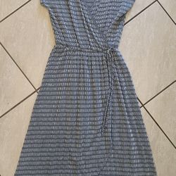 Caution To The Wind Dress- midi Length - Faux Wrap- Slate Blue & White- Medium 