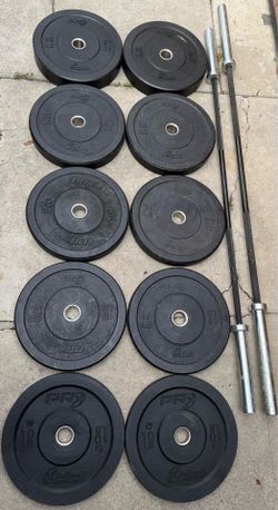 Olympic Weights PRX Crumb Rubber Bumper plates 260lbs & 2 PRX Olympic bars. Over $1000 retail. Nice quality workout equipment $450 firm