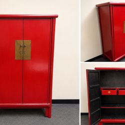 Chinese Red Lacquer Armoire / Storage Cabinet – Brass Hardware