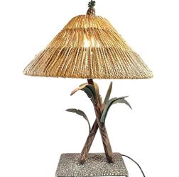 Vintage Palm Tree Table Lamp Rattan Audoux Rope Shade Banana Leaf Tiki Heavy