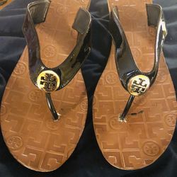 Tori Burch Wedge Black Patent Leather Flip Flops Size 11