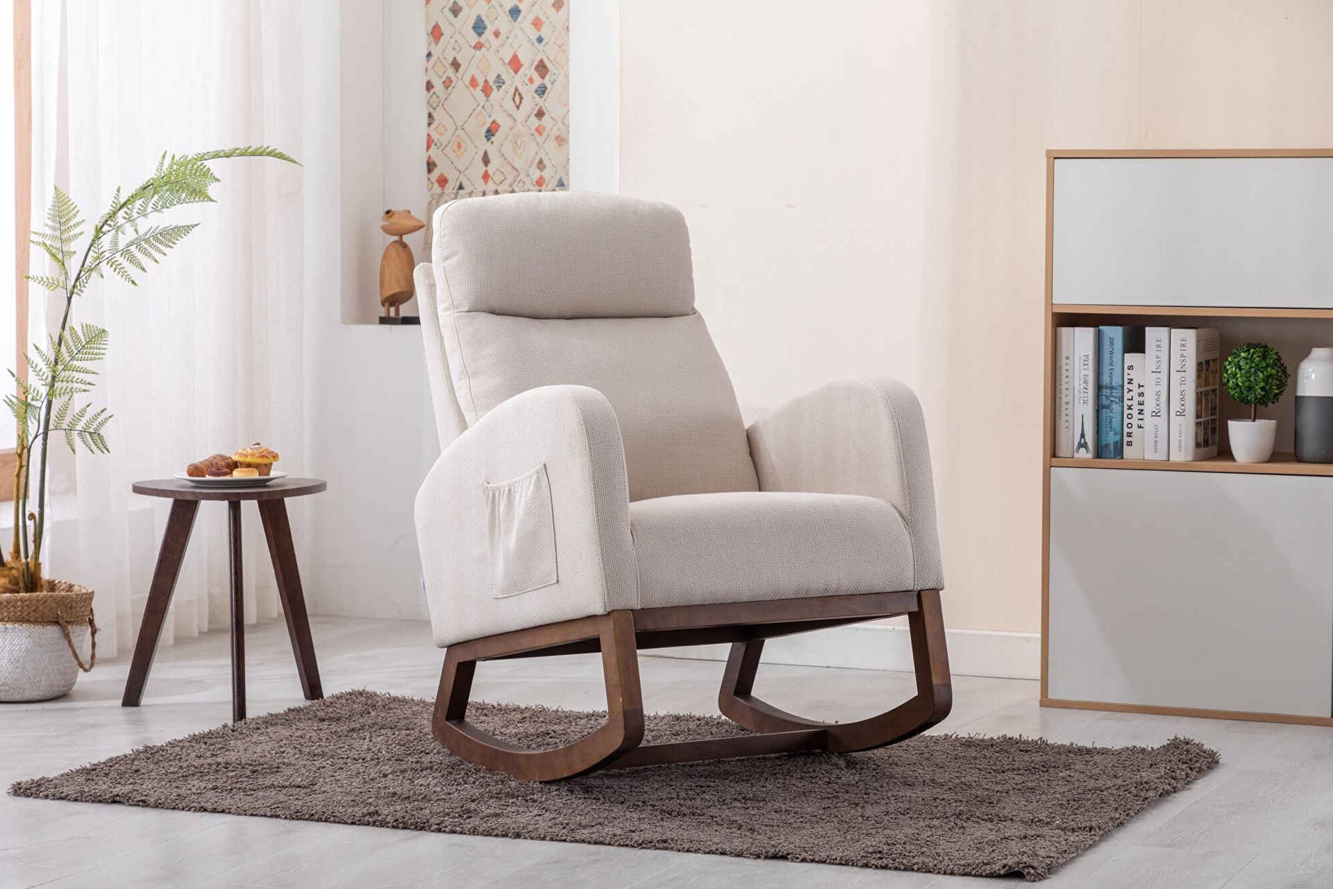 Beige Modern Upholstered High Back  Rocking Chair / Rocker / Glider  [NEW] (Retails For $300+) 