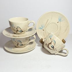 3 Red Wing Quail Teacups and Saucers MCM
