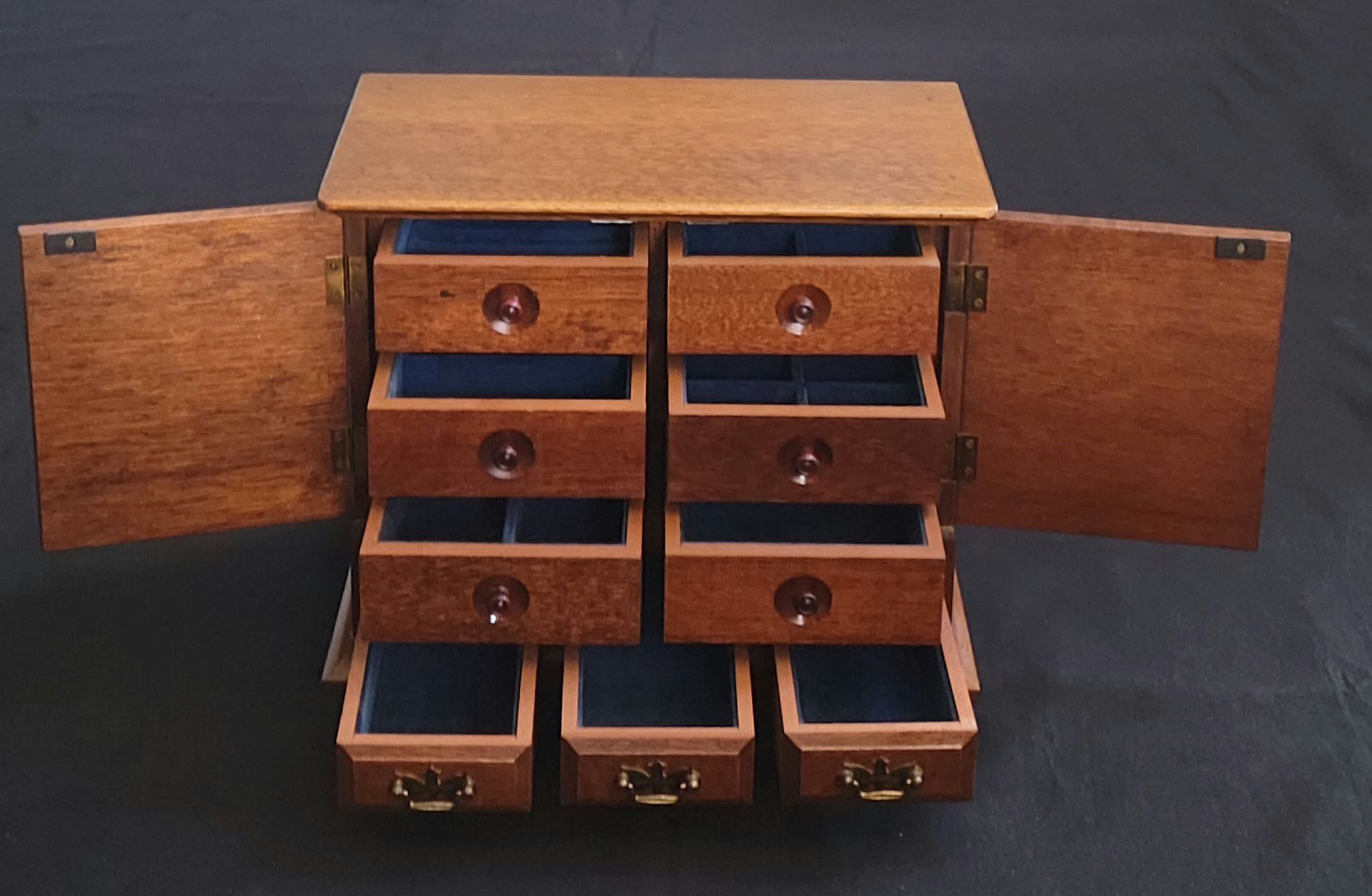 Gorgeous! Vtg Armoire Style Jewelry Box Wood & Brass 10"X12.5"X7" 9 Drawers
