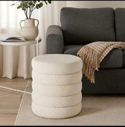 Ivory Fabric Round Accent Ottoman with Round Stacked Design 🌱