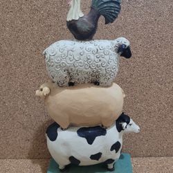 Vintage Stacked Farm Animals Outdoor Carved Wooden Garden Statue 10" Tall.
