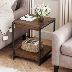 20" Walnut Brown Industrial Side Table w/ Metal Frame [NEW] **Assembly Req`