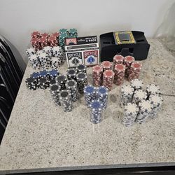 Poker Chips, Card Shuffler, 4 Packs Of Bicycle Cards (Poker Set)