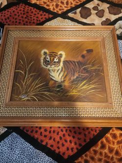 Framed Tiger Cub Oil Painting
