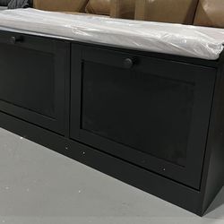 🥨Modern Shoe Rack Bench for Entryway, Storage Organizer with Cushion, 2 Drawers, Adjustable Shelf, Holds 8 Pairs, Black,43”W×21”H×12”D