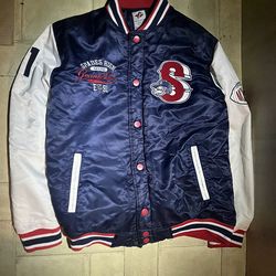 Vintage SP Collection 'Spades High' Satin Varsity Bomber Jacket Blue White Mens size XXL