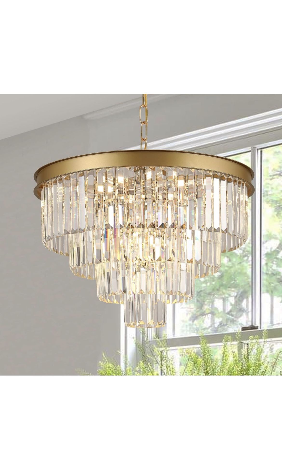 AXILIXI Modern Crystal Chandelier Gold 24” Round Chandelier for 12 Lights Raindrop Luxury Gold