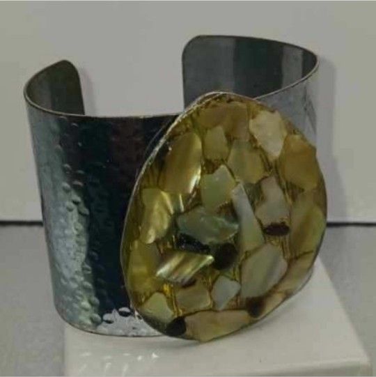 Silver plated, hammered shell cuff bracelet