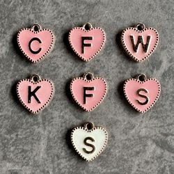 💗 Pink & white metal heart 2 sided initial charms for jewelry making - $1 each