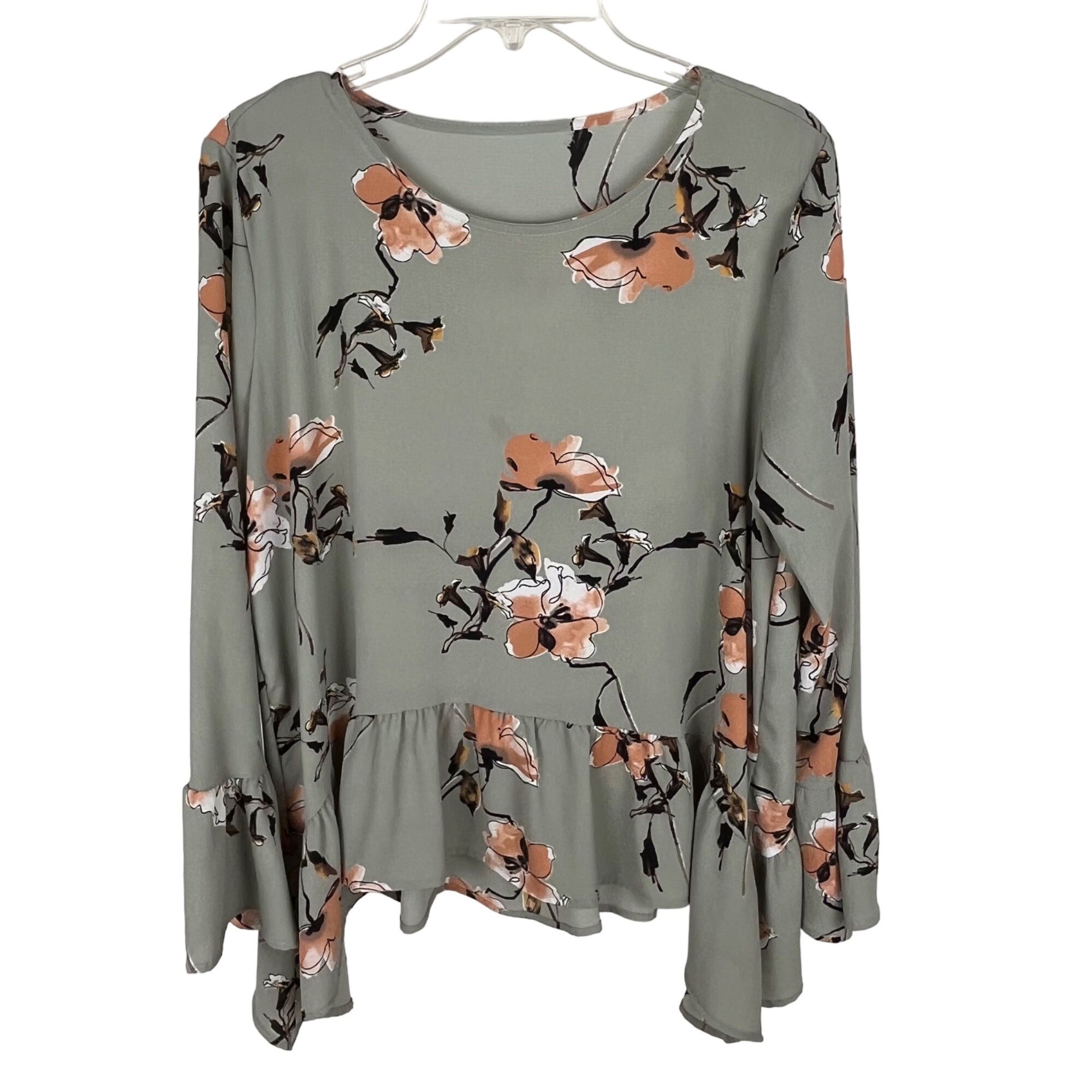 Gibson Gray Floral Scoop-Neck Bell-Sleeve Flowy Crepe Top Sz. S