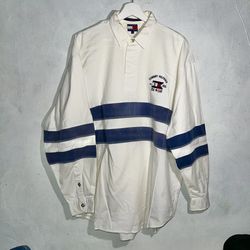 90s vintage Tommy Hilfiger Star Class button up white navy long sleeve Large