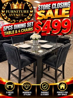 5-Piece Black Marble Dining Table Set with 4 Chairs