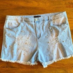 Pearl Studded Light Blue Jean Shorts