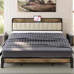 New LIKIMIO King Bed Frame, Storage Headboard with Charging Station, Solid and Stable, Noise Free, No Box Spring Needed, Easy Assembly (Walnut and Bei