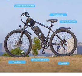Electric Bike 26" Fat Tire Electric Bike for Adult, 25mph Peak 750W 48V 10.4Ah Removable Lithium-Ion Battery Electric Mountain Bike, 3H Fast Charge, L