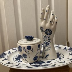 Blue Floral Ceramic Hand Ring Holder and Trinket Dish Set