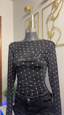 Black Long Sleeved Mesh Shirt With White Polka Dots